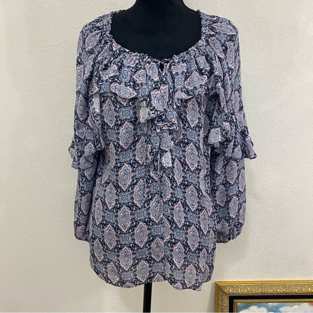 Kobi Halperin‎ Size Med Patterned Blouse, Ruffle, Long Sleeve, 100% Silk